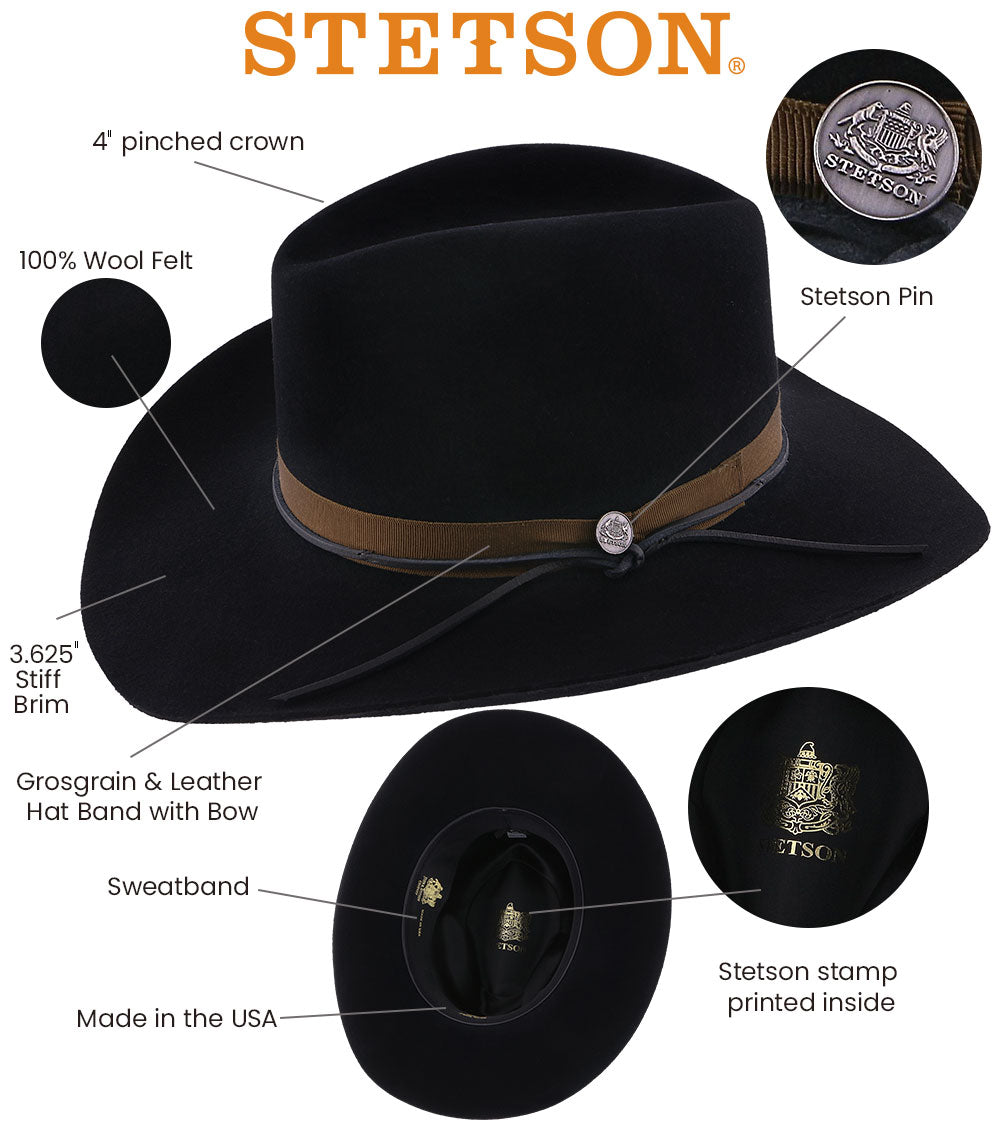 Double Down Stetson Wool Felt Western Hat, black, tan