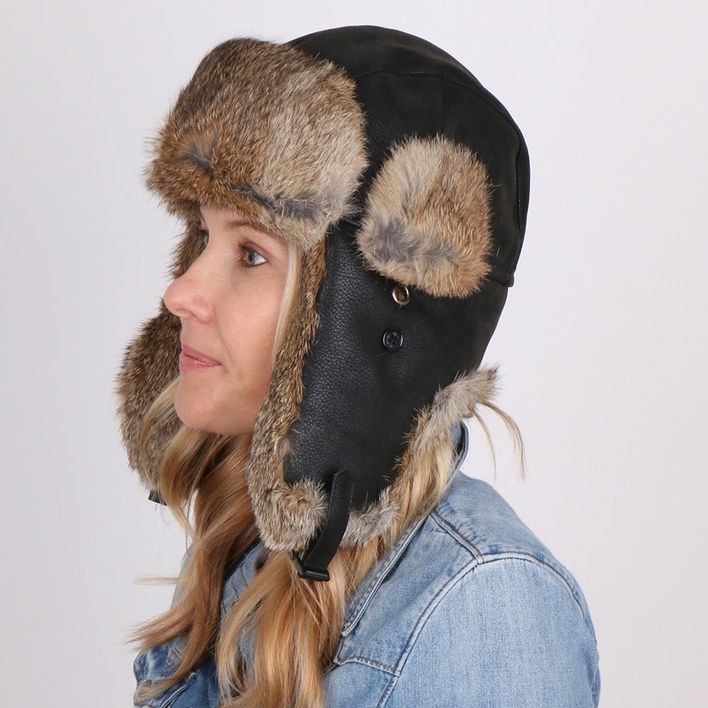 Ladies Brown Suede Trapper Hat with Grey Rabbit Fur