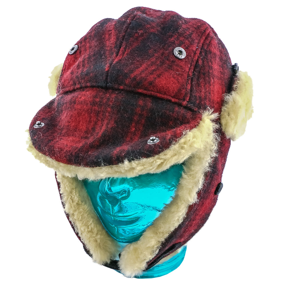 Woolrich Fur Flannel Red Plaid top Trapper Bomber Hat Wool Size XL NICE