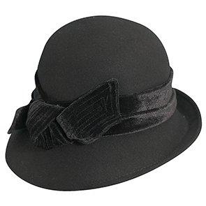 Scala Cloche The Kinsey - Scala LF170 Black Wool Felt Cloche Hat w/ Velvet Bow & Adjustable Drawstring
